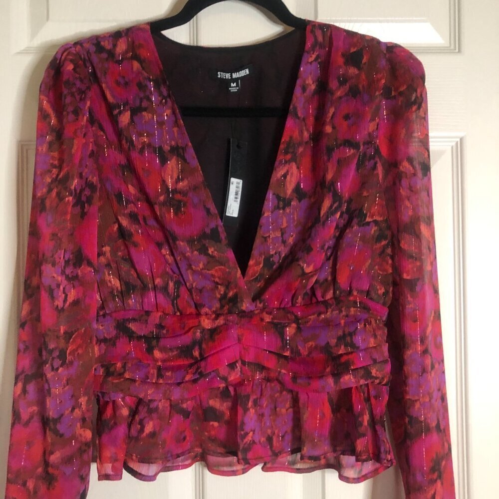 Steve‎ Madden BNWT Azura Floral V-Neck Peplum top with side zipper sz M